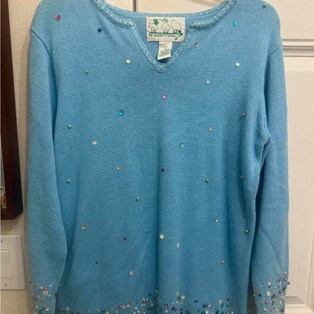 Quacker Factory Sweater Blue Pullover Beaded Sequins Women’s Size XSmall